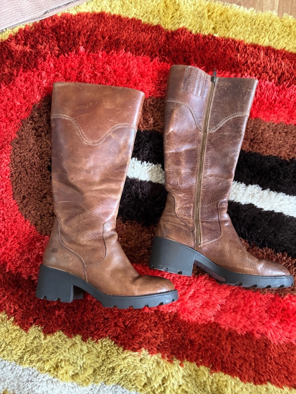 BORN Gabriella Brown Leather Block Heel Knee High Boots